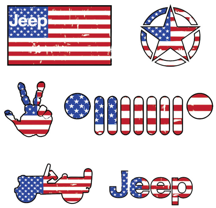 Collection of Jeep flag decals featuring American flag designs in various shapes, including a peace sign, grill pattern, star, and Jeep silhouette